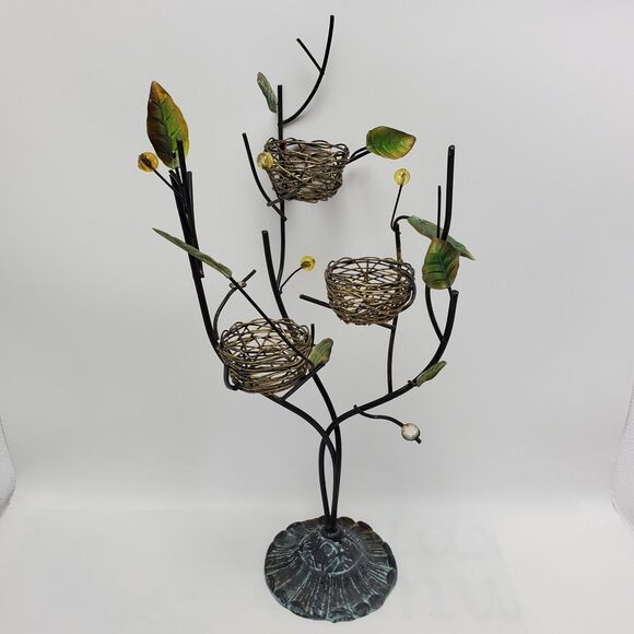 Metal Tree Tealight Candle Holder Bird Nest French Country Farmhouse 3D Leaves - Picture 1 of 10